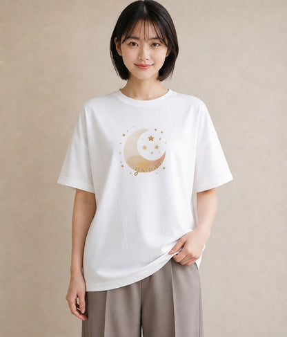 プリントTシャツ レディース 満月 星空 宇宙 イラスト ゆるかわ 春コーデ 姉妹 白T YMAZO