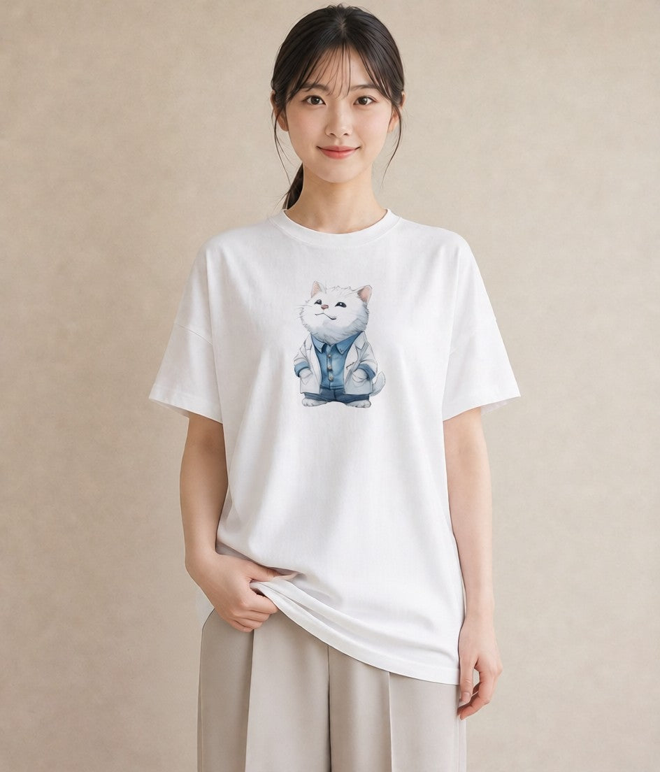 Tシャツ レディース ラグドール 猫 ねこ イラスト ヴィンテージ風 ペアコーデ 秋コーデ 白T YMAZO