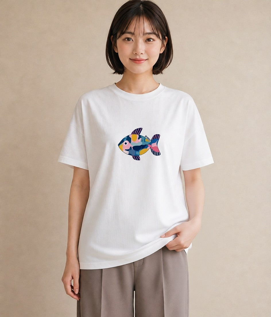 Tシャツ レディース たい焼き 食べ物 フード イラスト フェミニン 普段着 週末コーデ 白T YMAZO