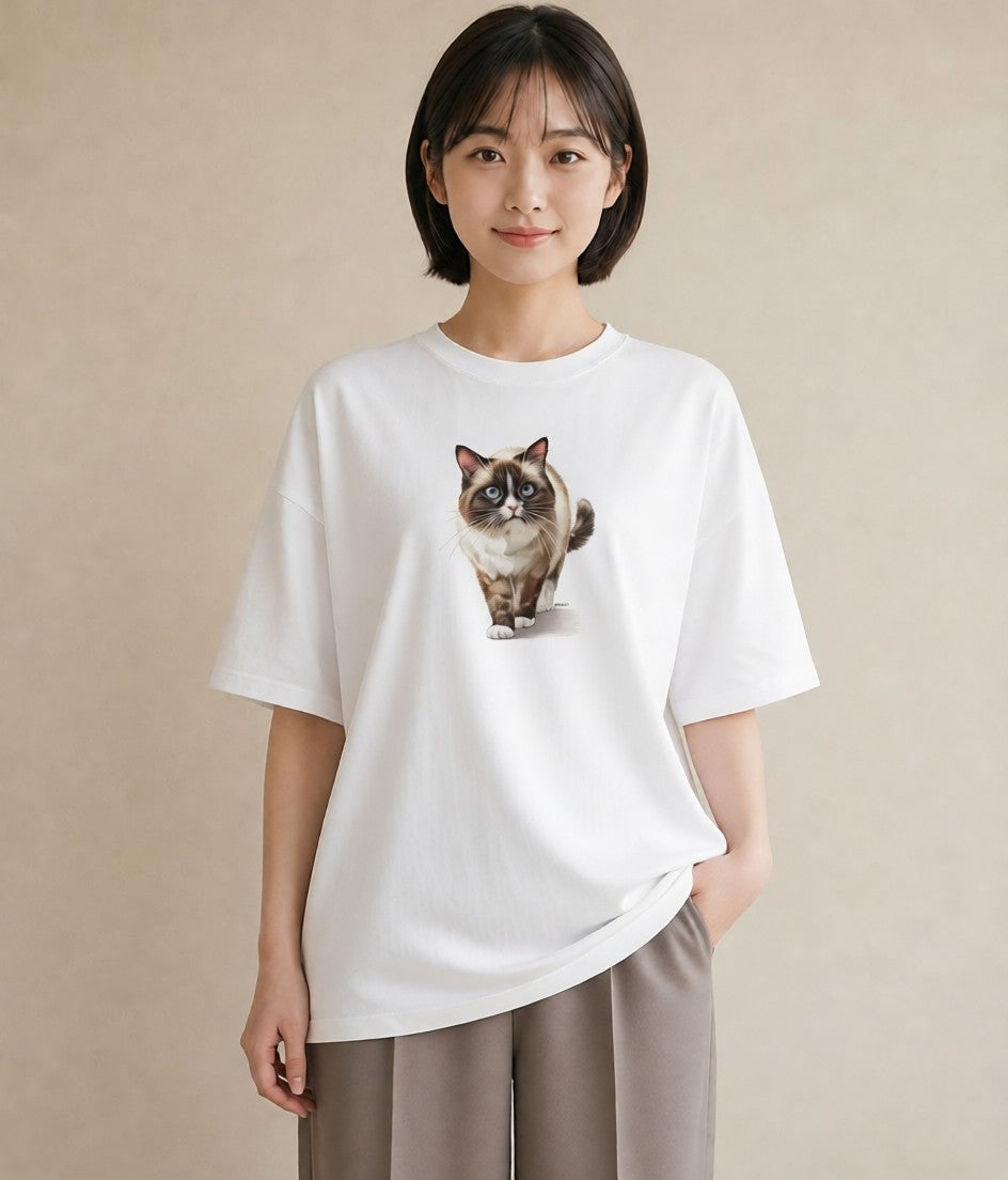 デザインTシャツ レディース サビ猫 猫 ねこ イラスト 個性的 通勤 在宅 白T YMAZO