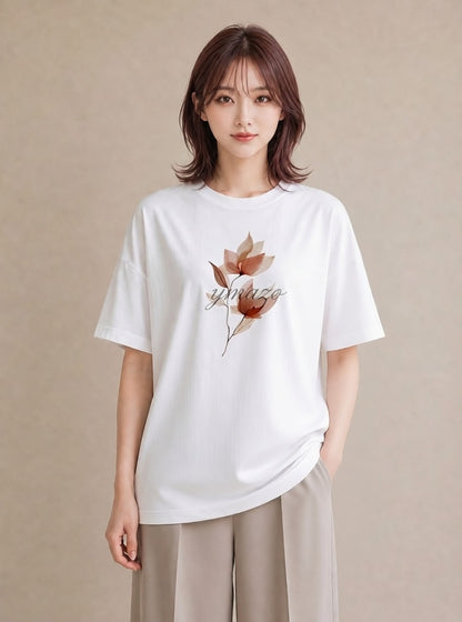 デザインTシャツ レディース 落ち葉 植物 ボタニカル イラスト こなれ感 通勤 在宅 白T YMAZO