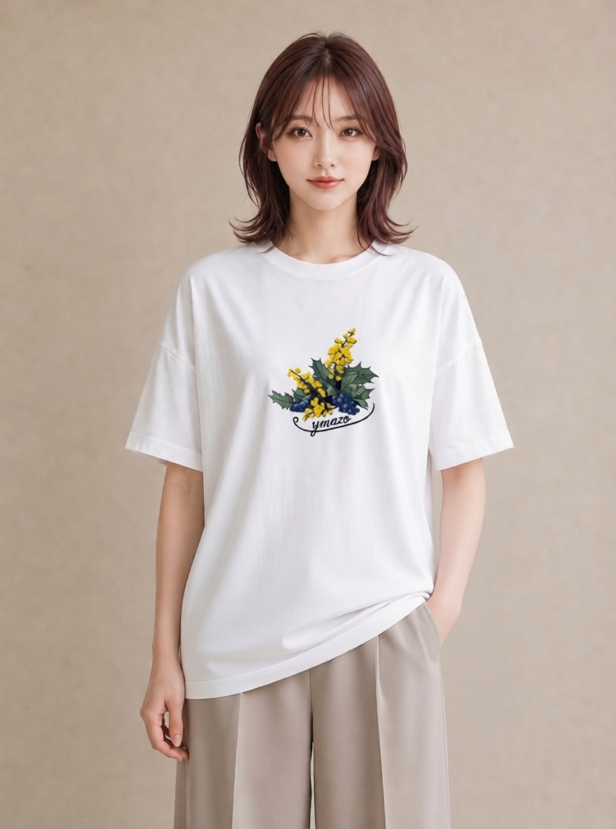 半袖Tシャツ レディース 金木犀 花 花柄 イラスト レトロ ペアコーデ 秋コーデ 白T
