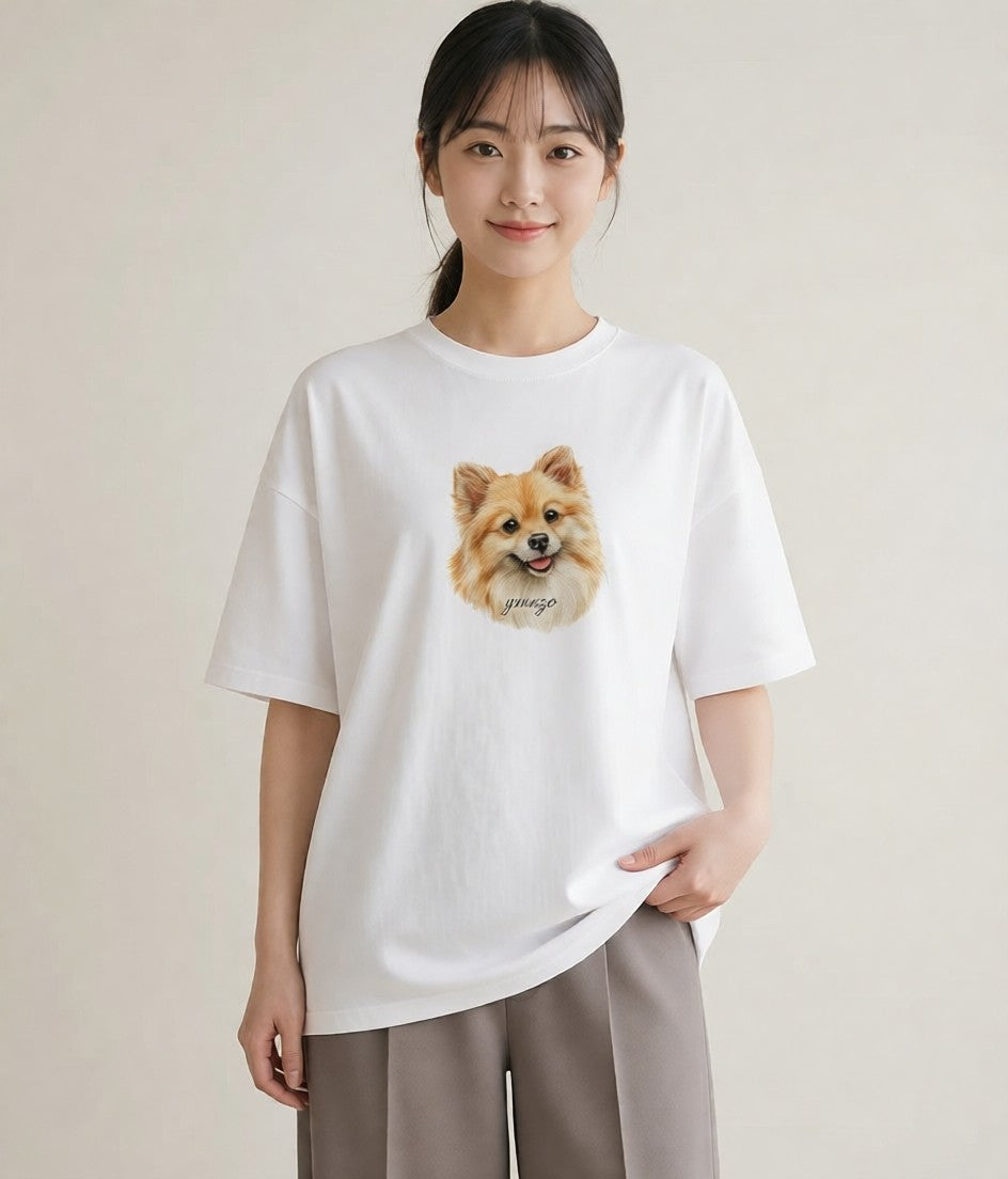 デザインTシャツ レディース ポメラニアン ポメ 犬 いぬ イラスト 春服 ミセス 白T YMAZO