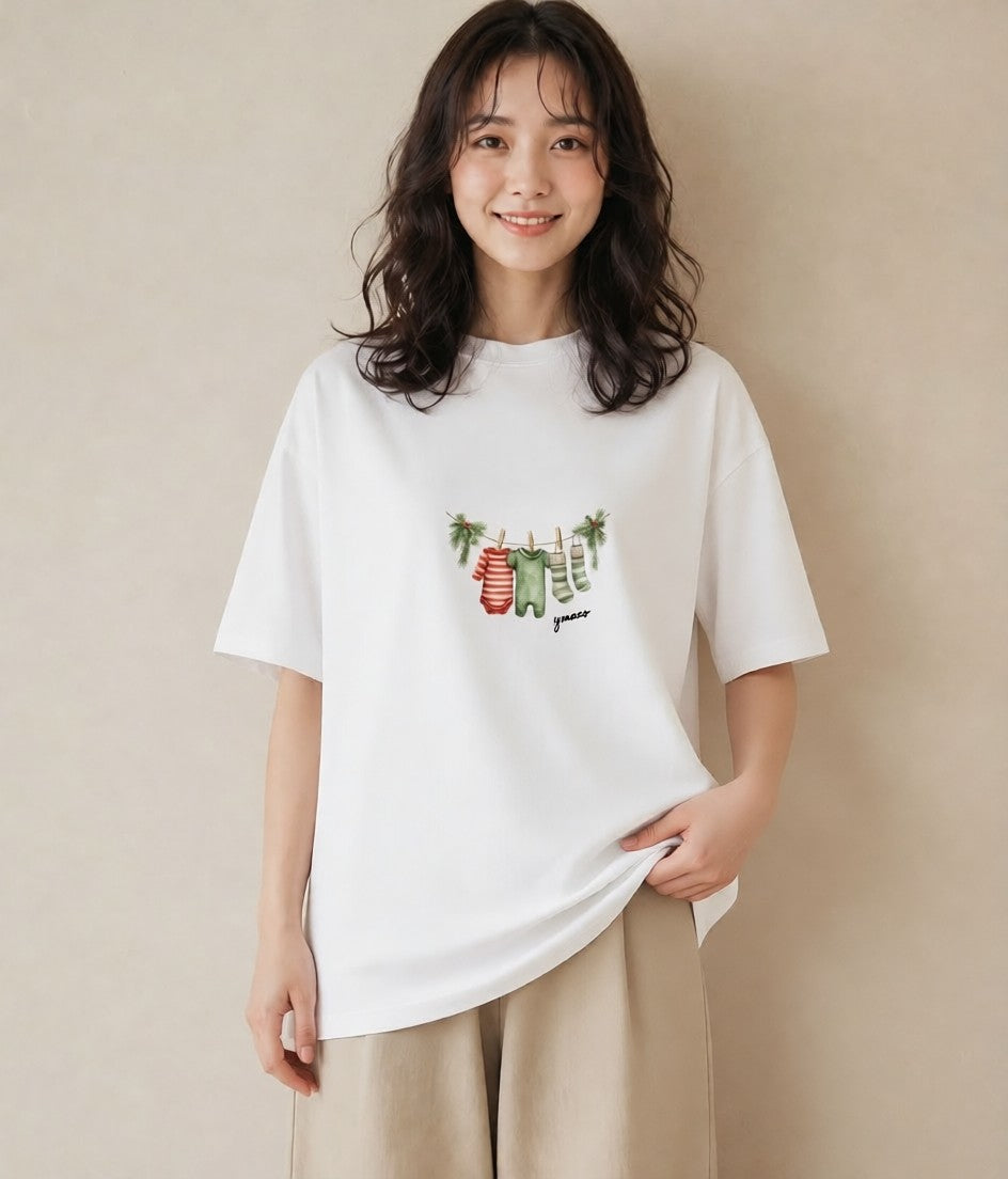 デザインTシャツ レディース 洗濯物 風 ナチュラル アンティーク イラスト きれいめカジュアル 母娘コーデ 自分用 白T YMAZO