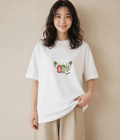 デザインTシャツ レディース 洗濯物 風 ナチュラル アンティーク イラスト きれいめカジュアル 母娘コーデ 自分用 白T YMAZO