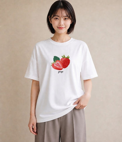 Tシャツ レディース いちご 苺 ストロベリー 食べ物 フード イラスト ニュアンス 親子 20代 白T YMAZO