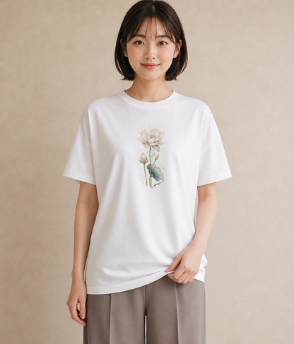 プリントTシャツ レディース ゆり 百合 花 花柄 イラスト ラフ 春服 ミセス 白T YMAZO