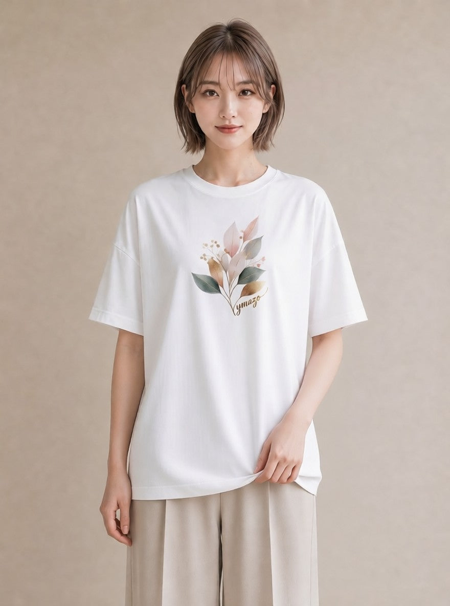 デザインTシャツ レディース 落ち葉 植物 ボタニカル イラスト フェミニン カフェ巡り 女子会 白T YMAZO