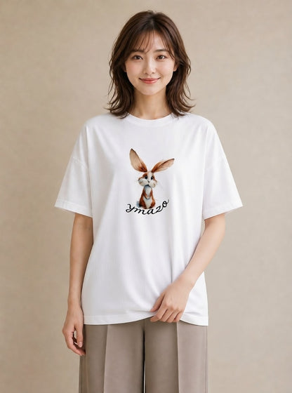 Tシャツ レディース ロップイヤー ペット 動物 イラスト アート風 ビーチ デイリーウェア 白T YMAZO