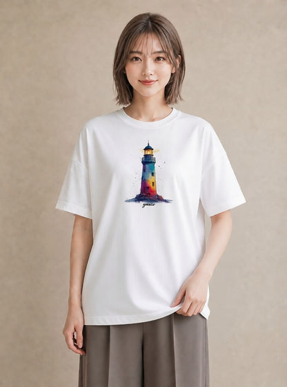 グラフィックTシャツ レディース 灯台 霧 海 ナチュラル アンティーク イラスト モード 秋コーデ おしゃれギフト 白T YMAZO