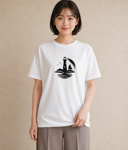 グラフィックTシャツ レディース 灯台 霧 海 ナチュラル アンティーク イラスト 個性的 ホワイトデー 春服 白T YMAZO