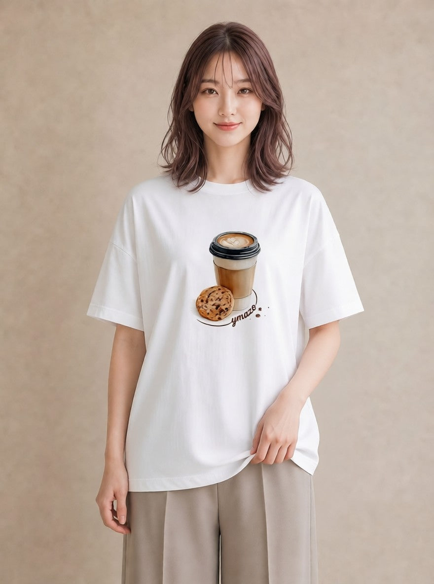 プリントTシャツ レディース コーヒー 珈琲 カフェ 食べ物 フード イラスト ユニーク 通学 誕生日プレゼント 白T YMAZO