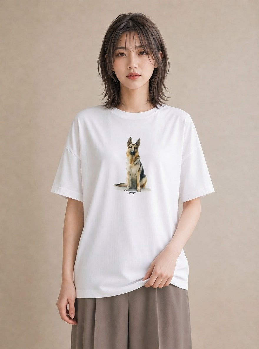 Tシャツ レディース 老犬 犬 いぬ イラスト 線画 カフェ巡り 女子会 白T YMAZO