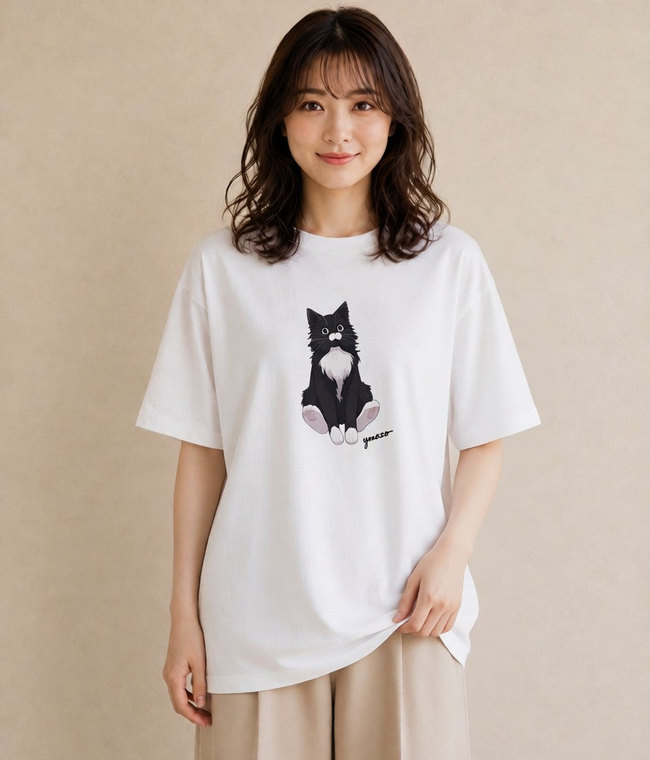 Tシャツ レディース ハチワレ 白黒猫 猫 ねこ イラスト きれいめ 通勤 在宅 白T YMAZO