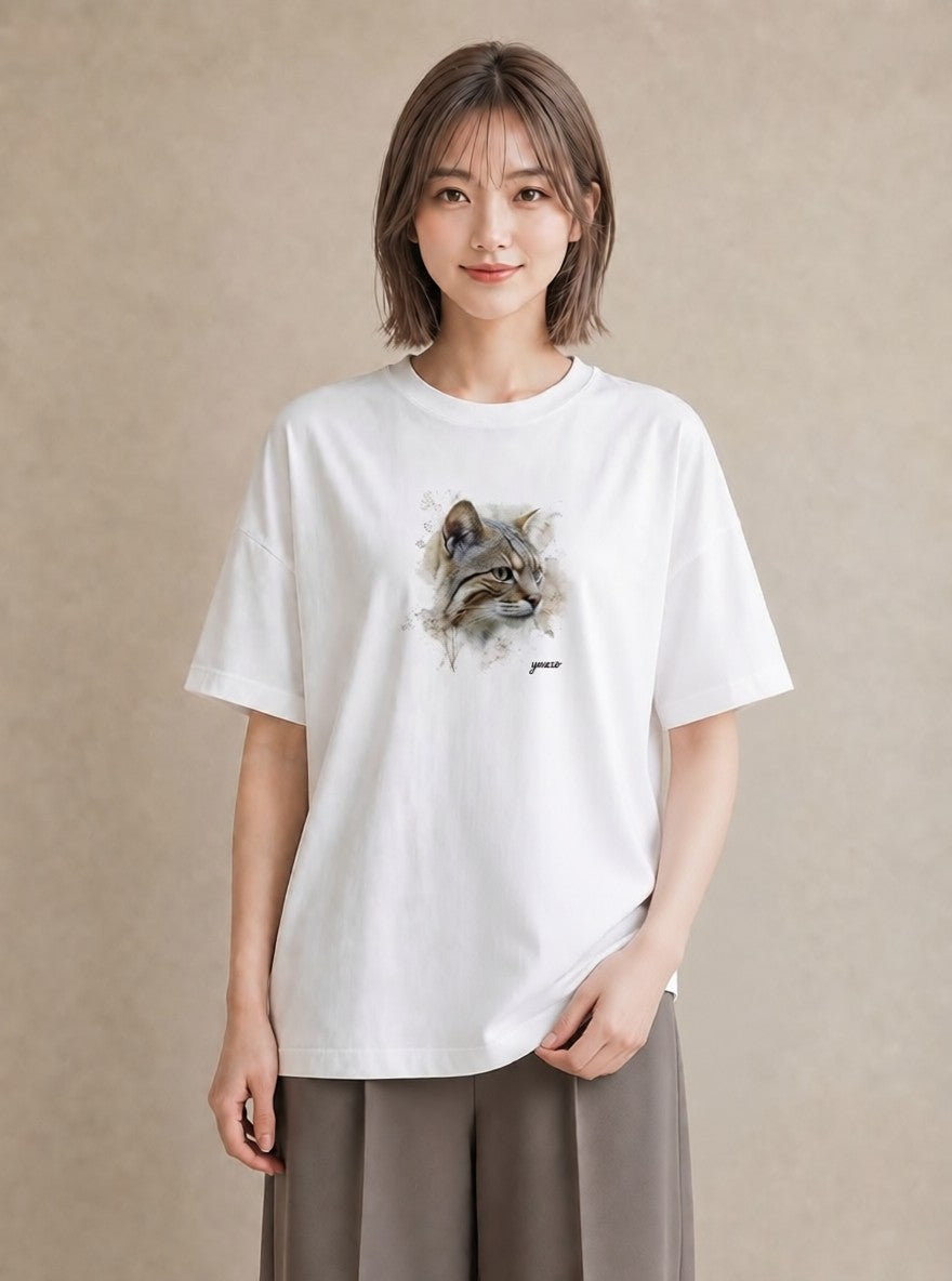 グラフィックTシャツ レディース ぶち猫 猫 ねこ イラスト アート風 クリスマス 旅行 白T YMAZO