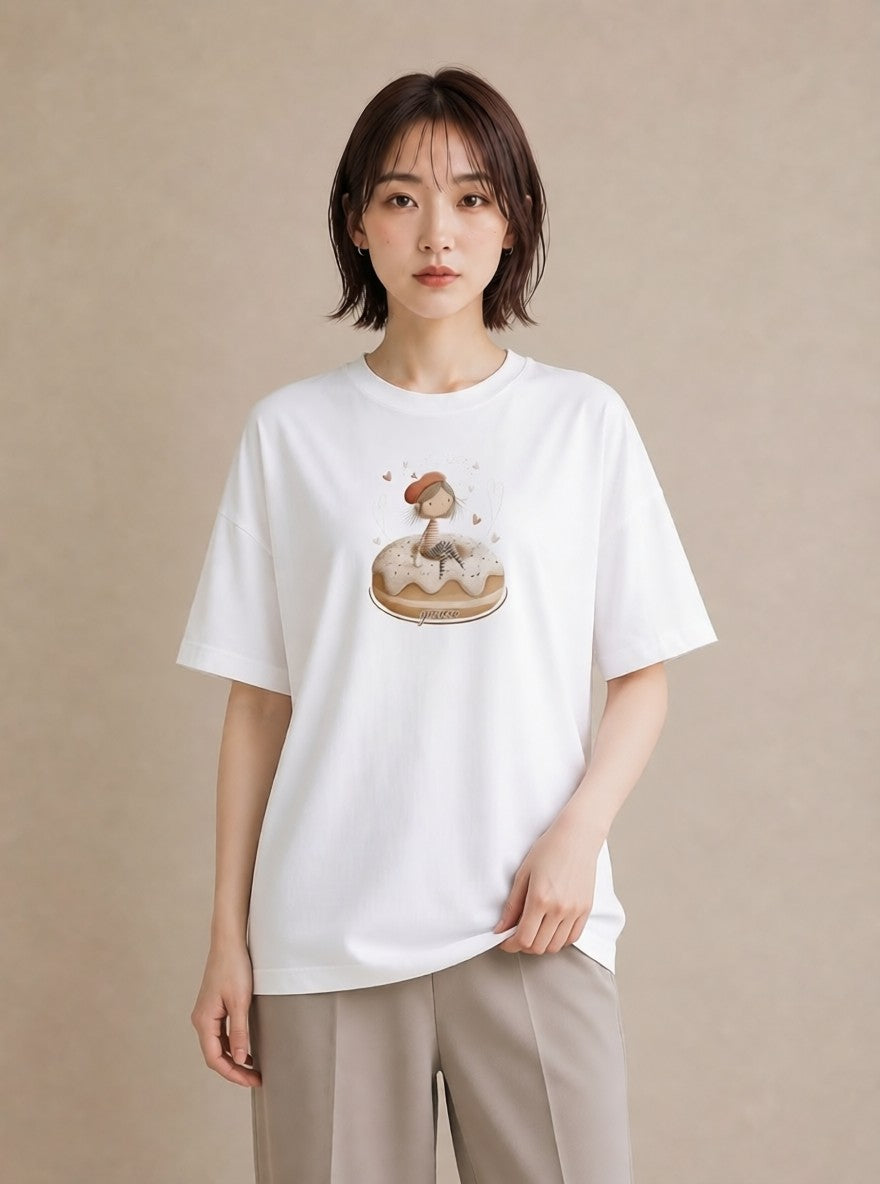 グラフィックTシャツ レディース ドーナツ 食べ物 フード イラスト ミニマル 春コーデ 姉妹 白T YMAZO