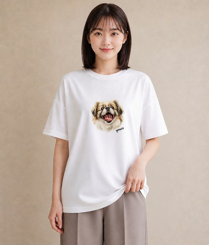 デザインTシャツ レディース 狆 犬 いぬ イラスト ゆるコーデ ペアコーデ 秋コーデ 白T YMAZO