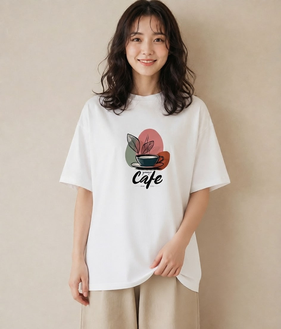 Tシャツ レディース カフェ カフェロゴ ロゴ イラスト ラフ レイヤード 白T YMAZO