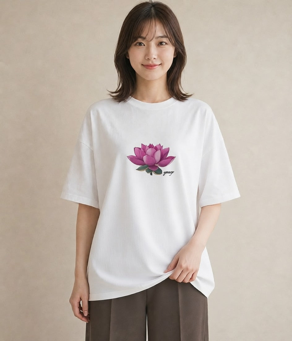 プリントTシャツ レディース 蓮 花 花柄 イラスト 淡色 お出かけ 普段着 白T YMAZO