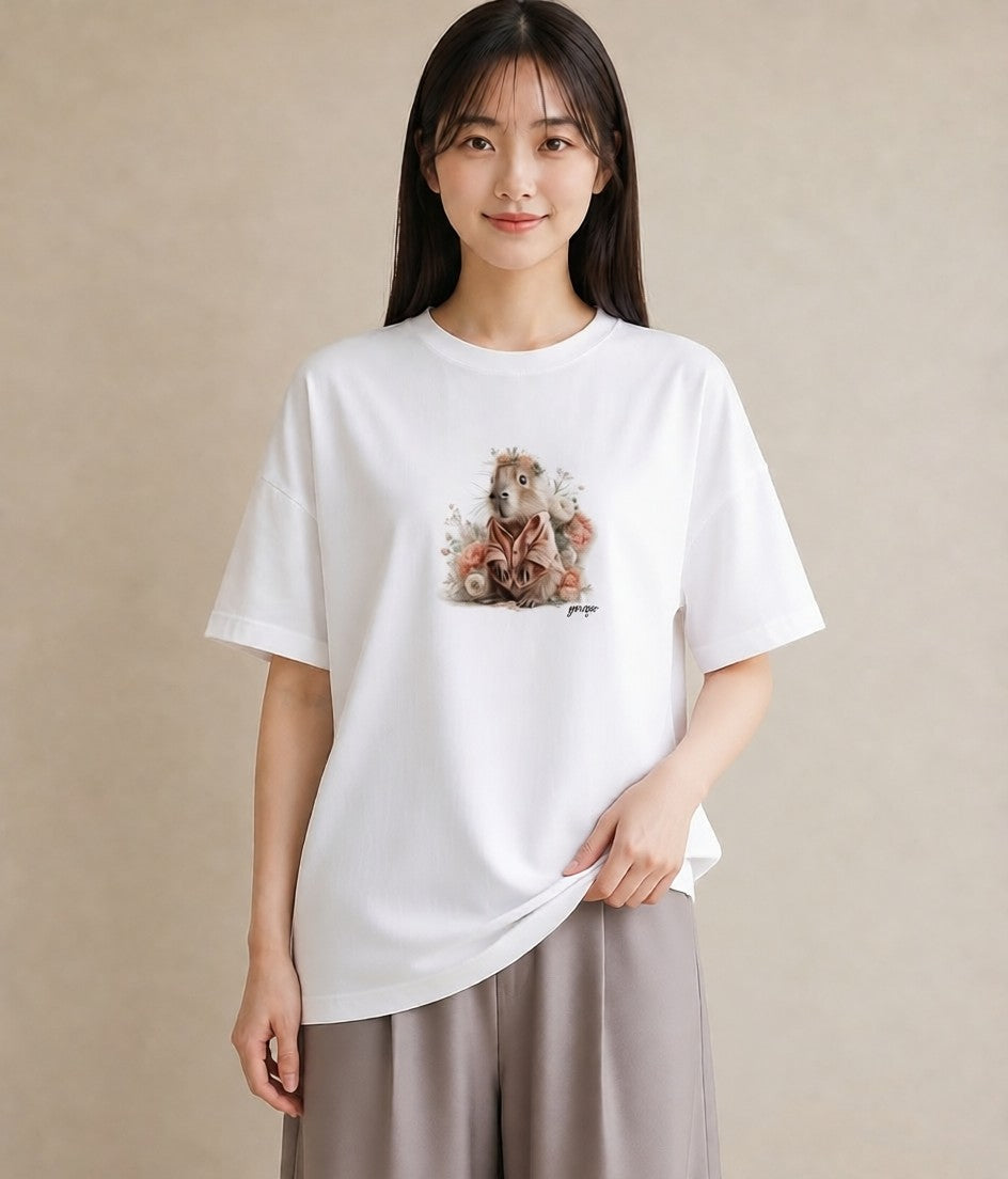 半袖Tシャツ レディース ジャンガリアンハムスター ペット 動物 イラスト 可愛い 公園 ママ 白T YMAZO