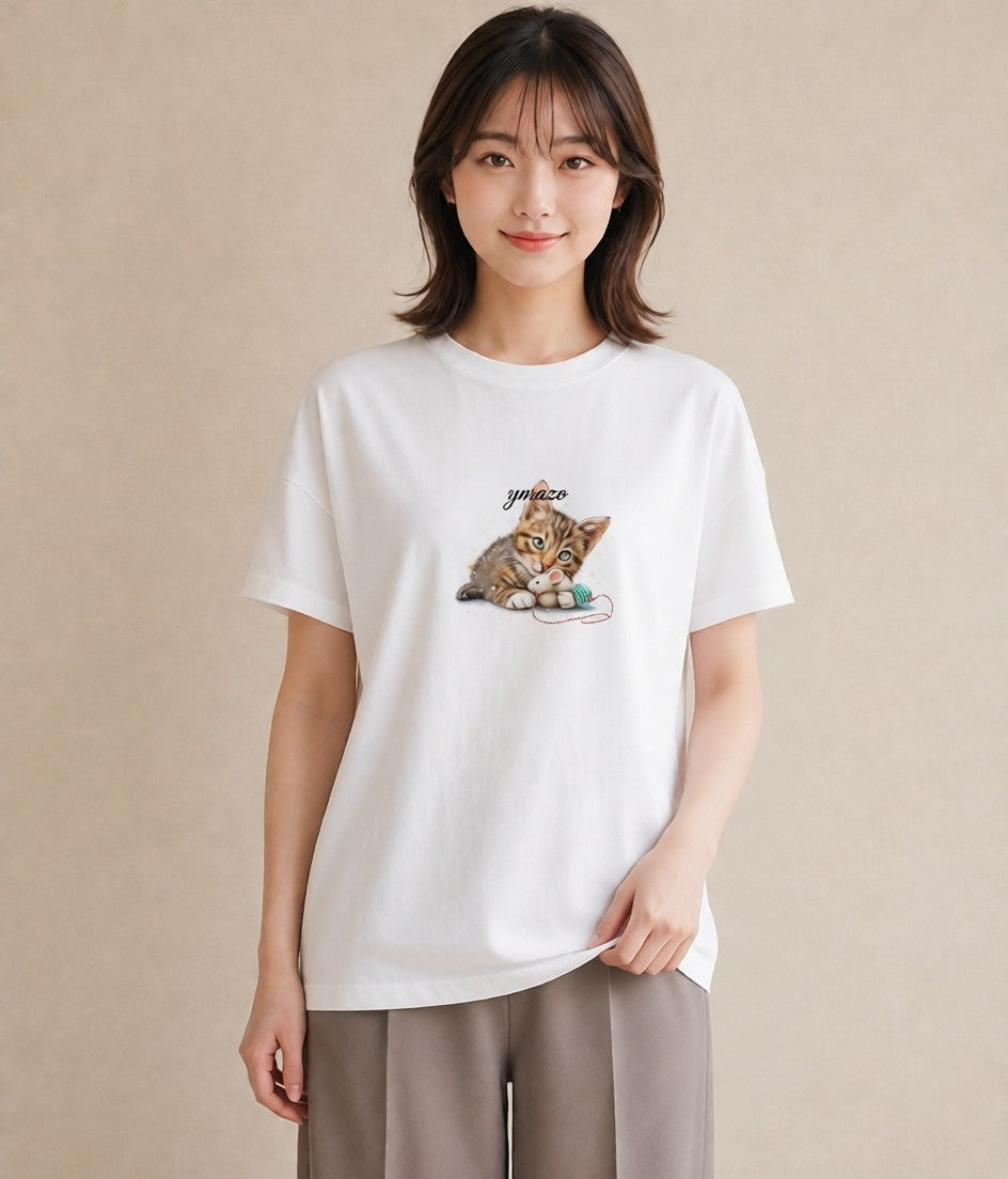 デザインTシャツ レディース 子猫 猫 ねこ イラスト 韓国風 誕生日プレゼント 綿100 白T YMAZO