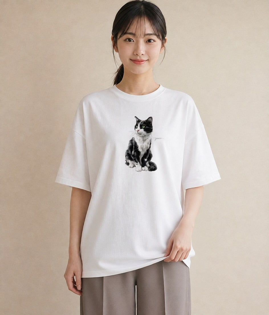 Tシャツ レディース メインクーン 猫 ねこ イラスト 淡色 通勤 在宅 白T YMAZO