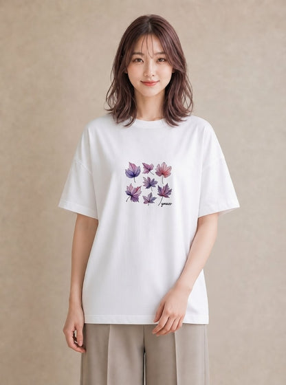 Tシャツ レディース 落ち葉 植物 ボタニカル イラスト ラフカジュアル 週末コーデ 敬老の日 白T YMAZO
