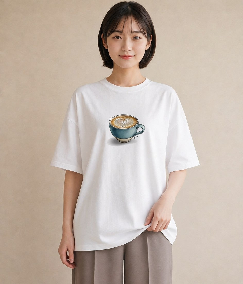 デザインTシャツ レディース カフェオレ 食べ物 フード イラスト 韓国風 海 カフェ巡り 白T YMAZO