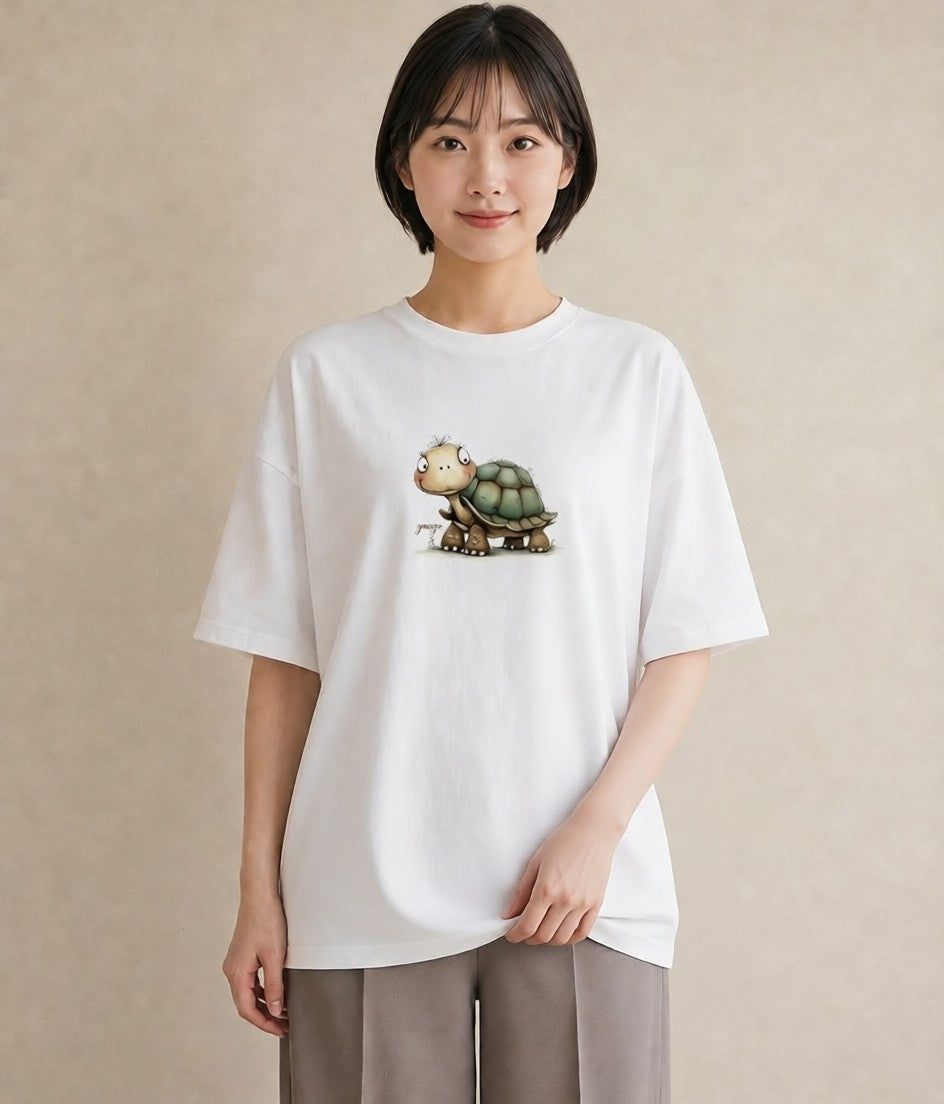 デザインTシャツ レディース ゼニガメ ペット 動物 イラスト ユニーク ラフ レイヤード 白T YMAZO
