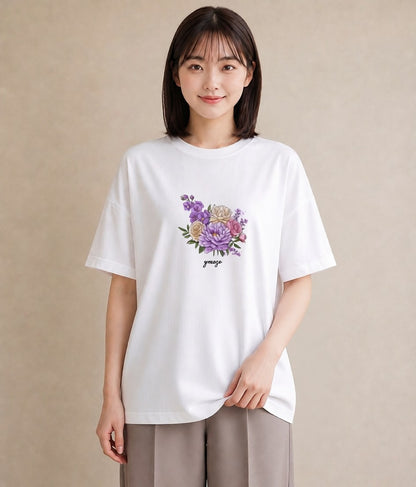 半袖Tシャツ レディース スミレ 花 花柄 イラスト 旅行コーデ デート 帰省 白T YMAZO