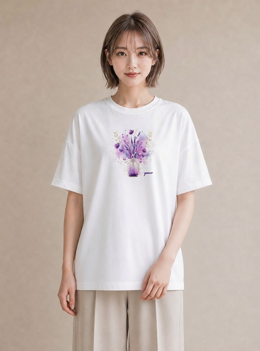 グラフィックTシャツ レディース ラベンダー 花 花柄 イラスト ポップ ママ カフェ服 白T YMAZO