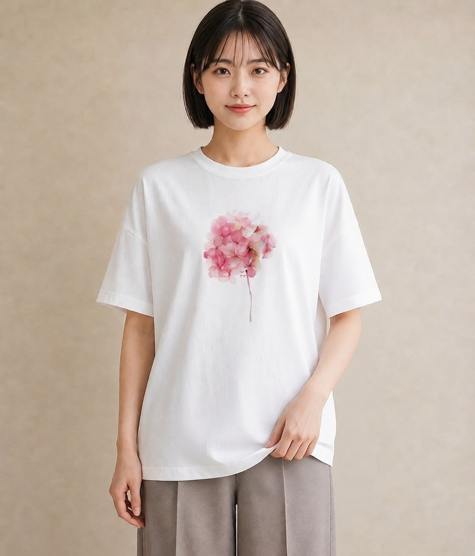 半袖Tシャツ レディース あじさい 紫陽花 アジサイ 花 花柄 イラスト 抜け感 誕生日プレゼント 綿100 白T