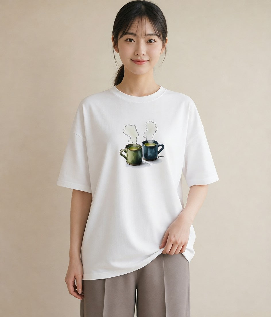 Tシャツ レディース 紅茶 食べ物 フード イラスト 線画 ミセス 春コーデ 白T YMAZO