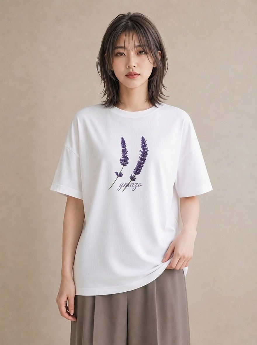 Tシャツ レディース ラベンダー 花 花柄 イラスト 線画 ママ カフェ服 白T