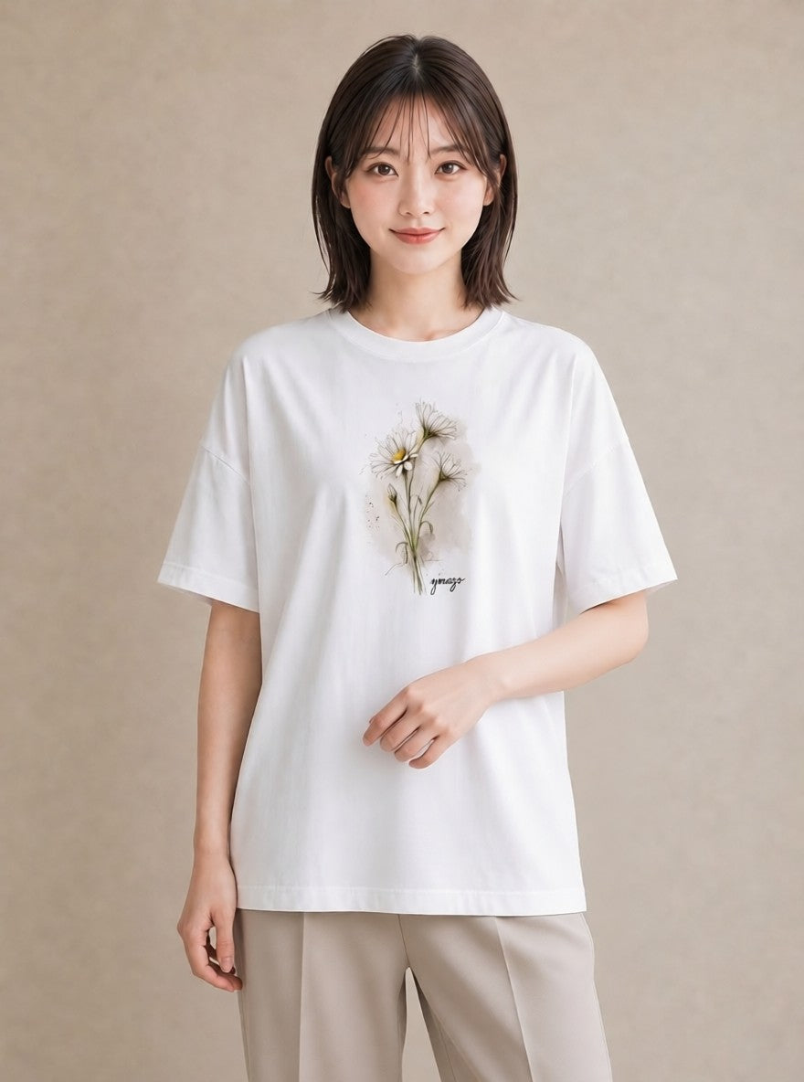 Tシャツ レディース デイジー 花 花柄 イラスト シック ルームウェア ギフト 白T