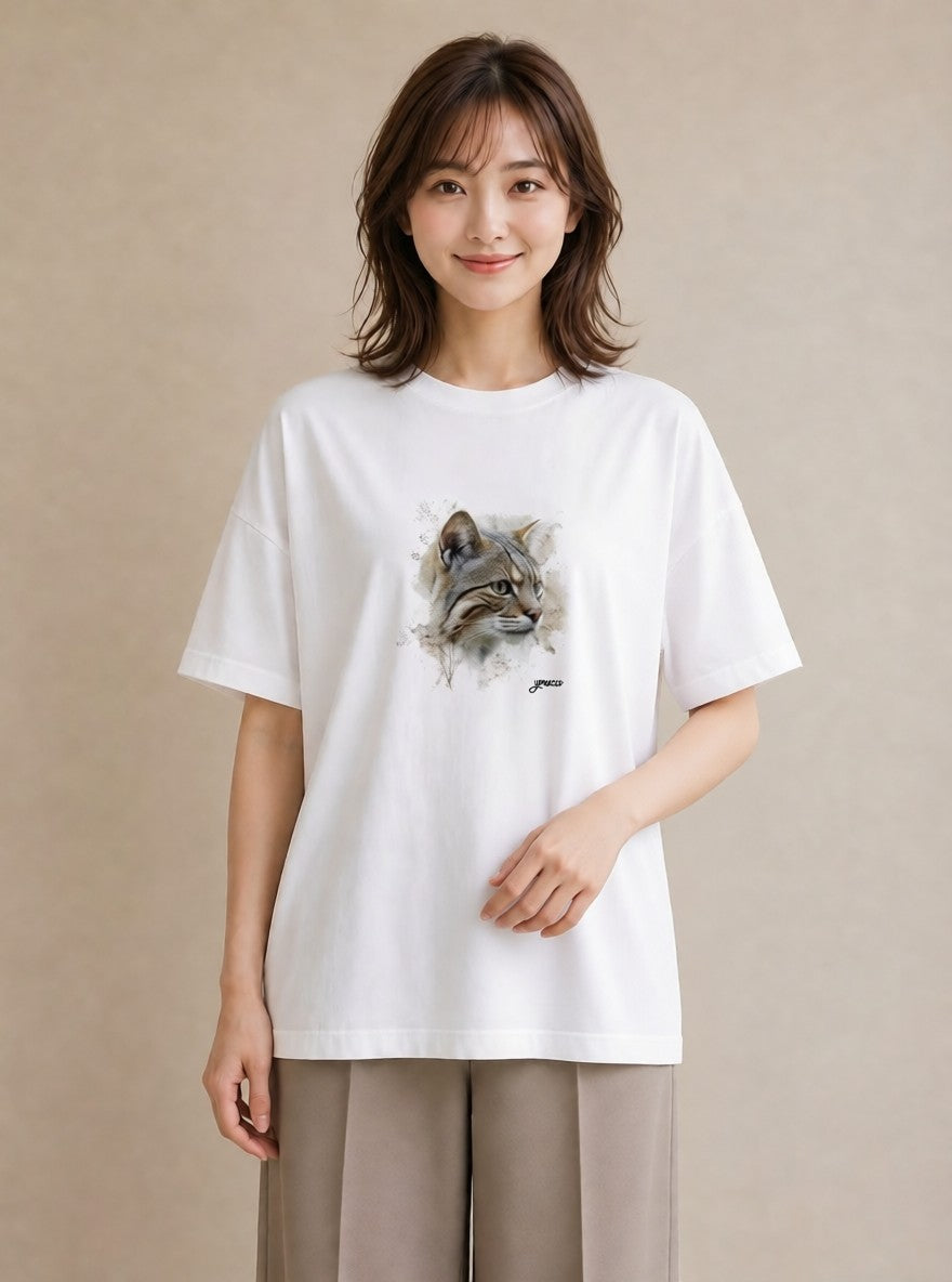 プリントTシャツ レディース キジトラ 猫 ねこ イラスト 個性的 ラフ レイヤード 白T YMAZO