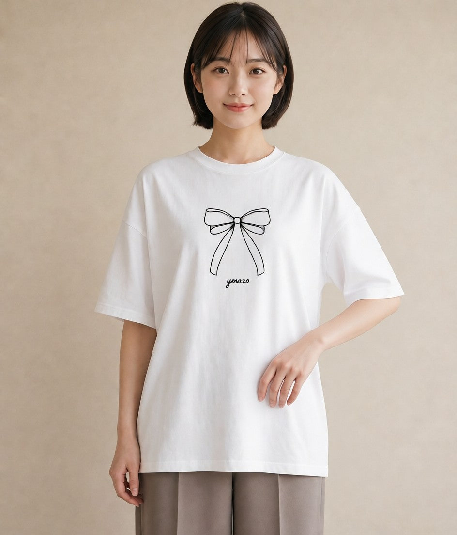 グラフィックTシャツ レディース リボン ボウ りぼん イラスト ビーチ デイリーウェア 白T YMAZO
