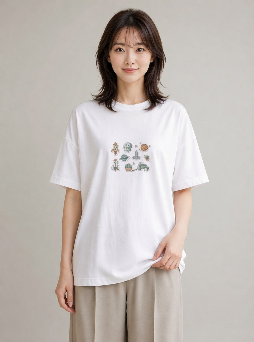 Tシャツ レディース 宇宙 星空 イラスト アート風 通勤 在宅 白T YMAZO