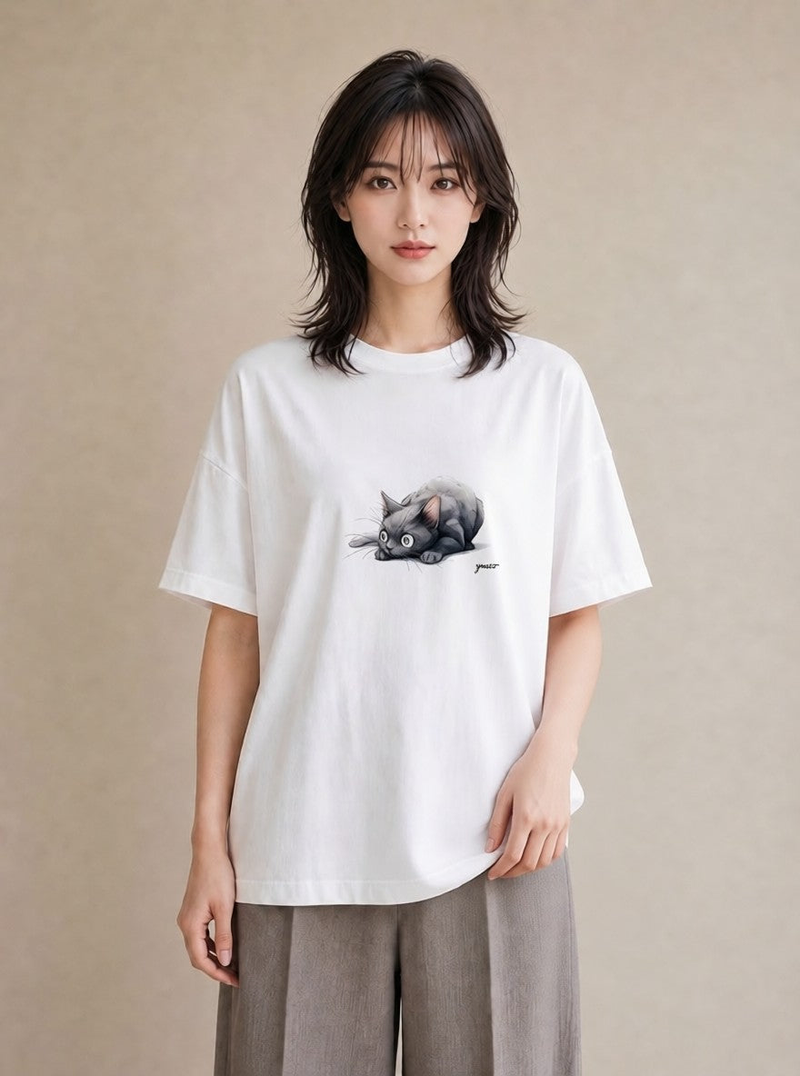 半袖Tシャツ レディース ロシアンブルー 猫 ねこ イラスト 旅行コーデ 誕生日プレゼント 綿100 白T YMAZO