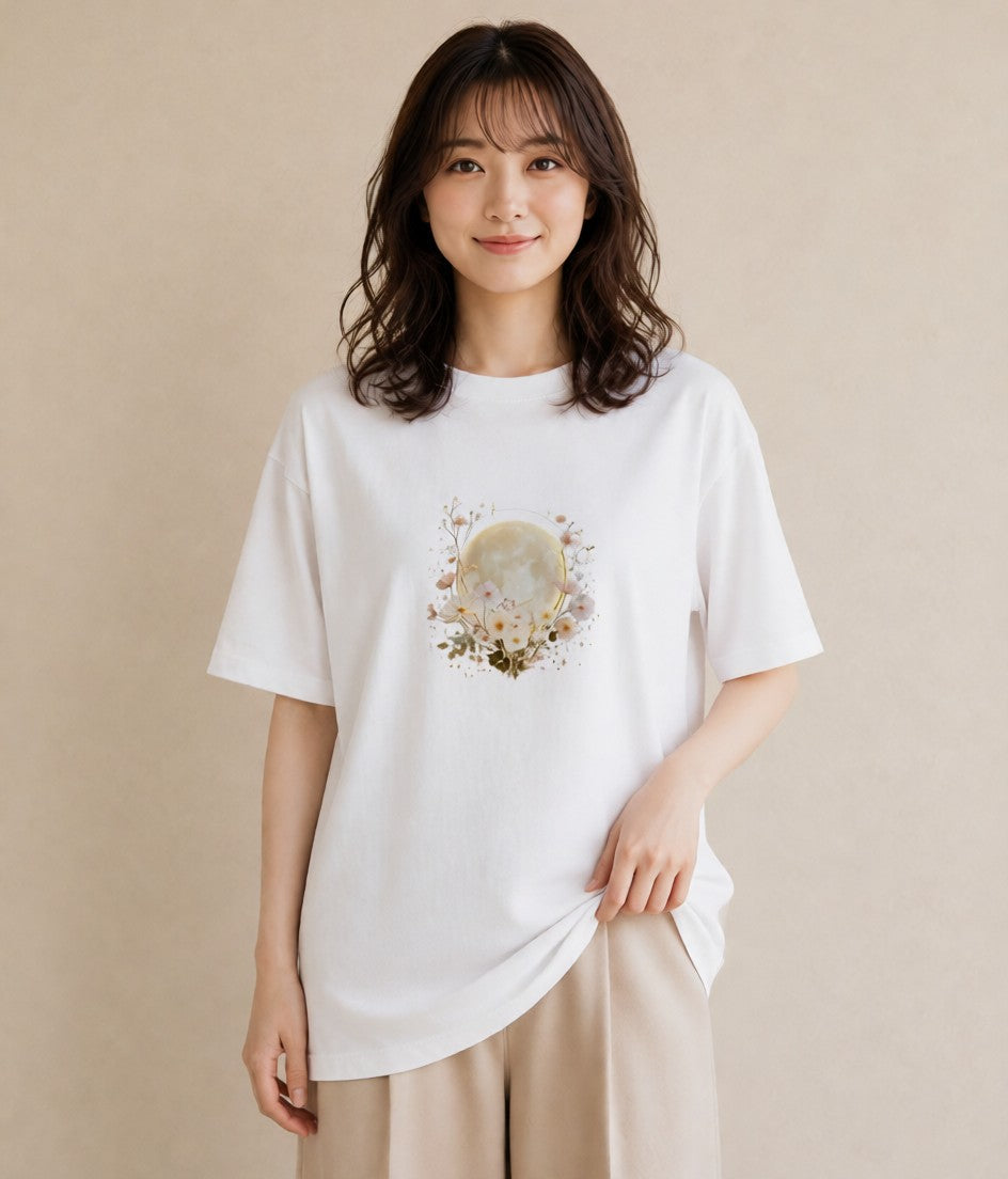 デザインTシャツ レディース 月 星空 宇宙 イラスト 北欧風 社会人 女性 白T YMAZO