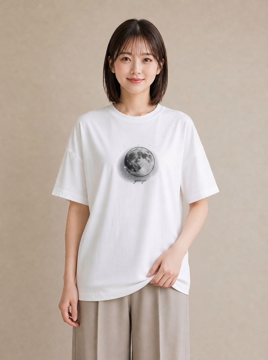 プリントTシャツ レディース 満月 星空 宇宙 イラスト アート風 旅行 母娘コーデ 白T YMAZO