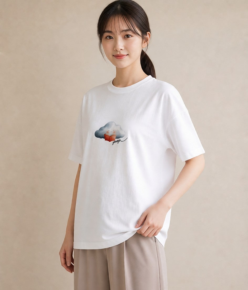 Tシャツ レディース 雲 星空 宇宙 イラスト カジュアル 買い物 夏コーデ 白T YMAZO