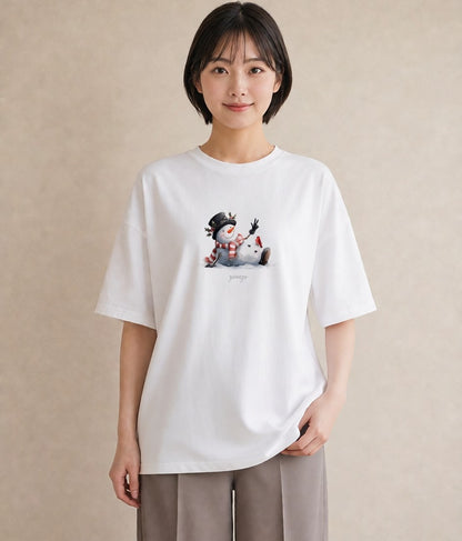 半袖Tシャツ レディース 雪 星空 宇宙 イラスト ゆるかわ 在宅 公園 白T YMAZO