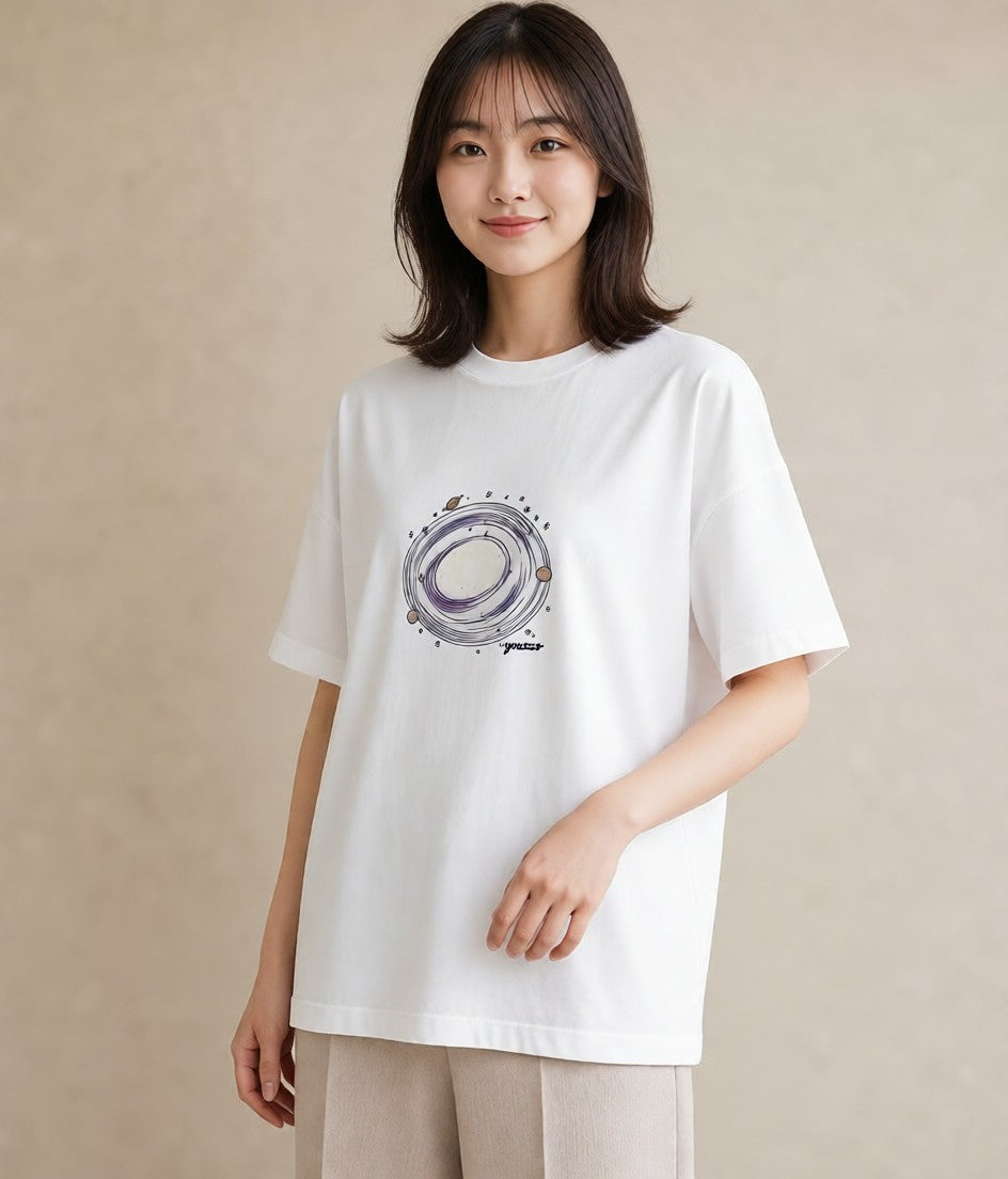 半袖Tシャツ レディース 満月 星空 宇宙 イラスト 手描き風 ペアコーデ 秋コーデ 白T YMAZO