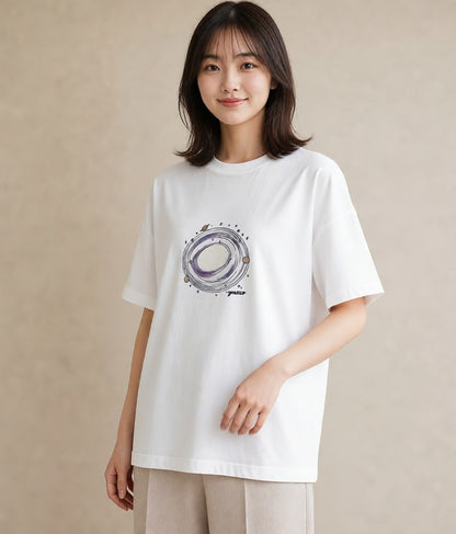 半袖Tシャツ レディース 満月 星空 宇宙 イラスト 手描き風 ペアコーデ 秋コーデ 白T YMAZO