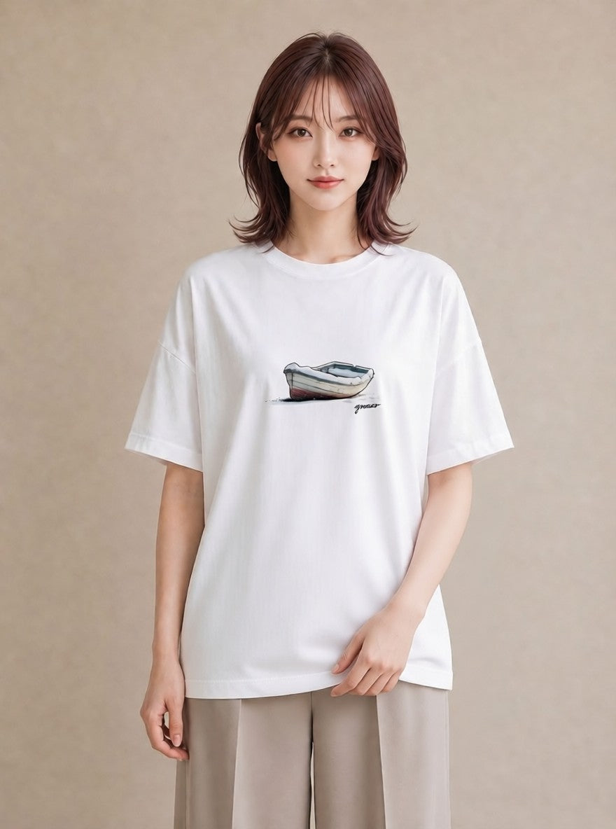 Tシャツ レディース 桟橋 水辺 波止場 ナチュラル アンティーク イラスト カジュアル 帰省 ラフ 白T YMAZO