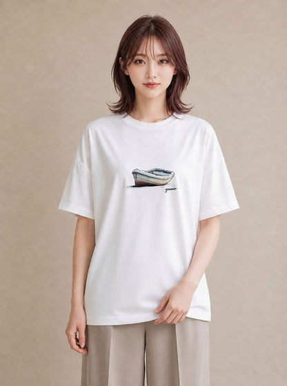 Tシャツ レディース 桟橋 水辺 波止場 ナチュラル アンティーク イラスト カジュアル 帰省 ラフ 白T YMAZO