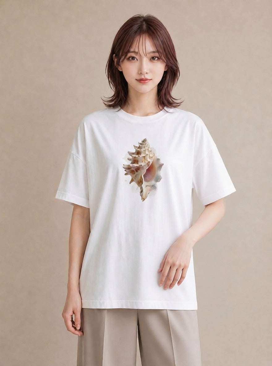 プリントTシャツ レディース 貝 海の生き物 海 イラスト ボタニカル ママ カフェ服 白T YMAZO