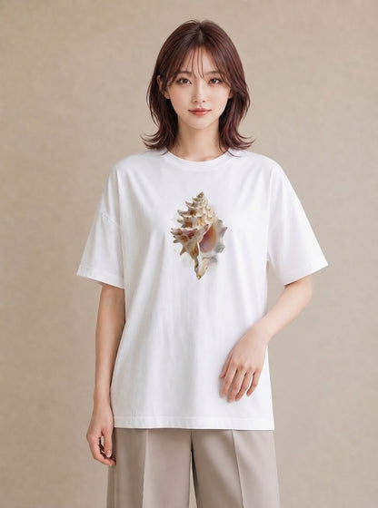 プリントTシャツ レディース 貝 海の生き物 海 イラスト ボタニカル ママ カフェ服 白T YMAZO