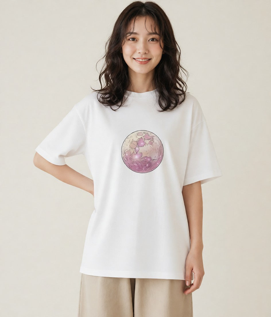 半袖Tシャツ レディース 満月 星空 宇宙 イラスト きれいめ ママ カフェ服 白T YMAZO